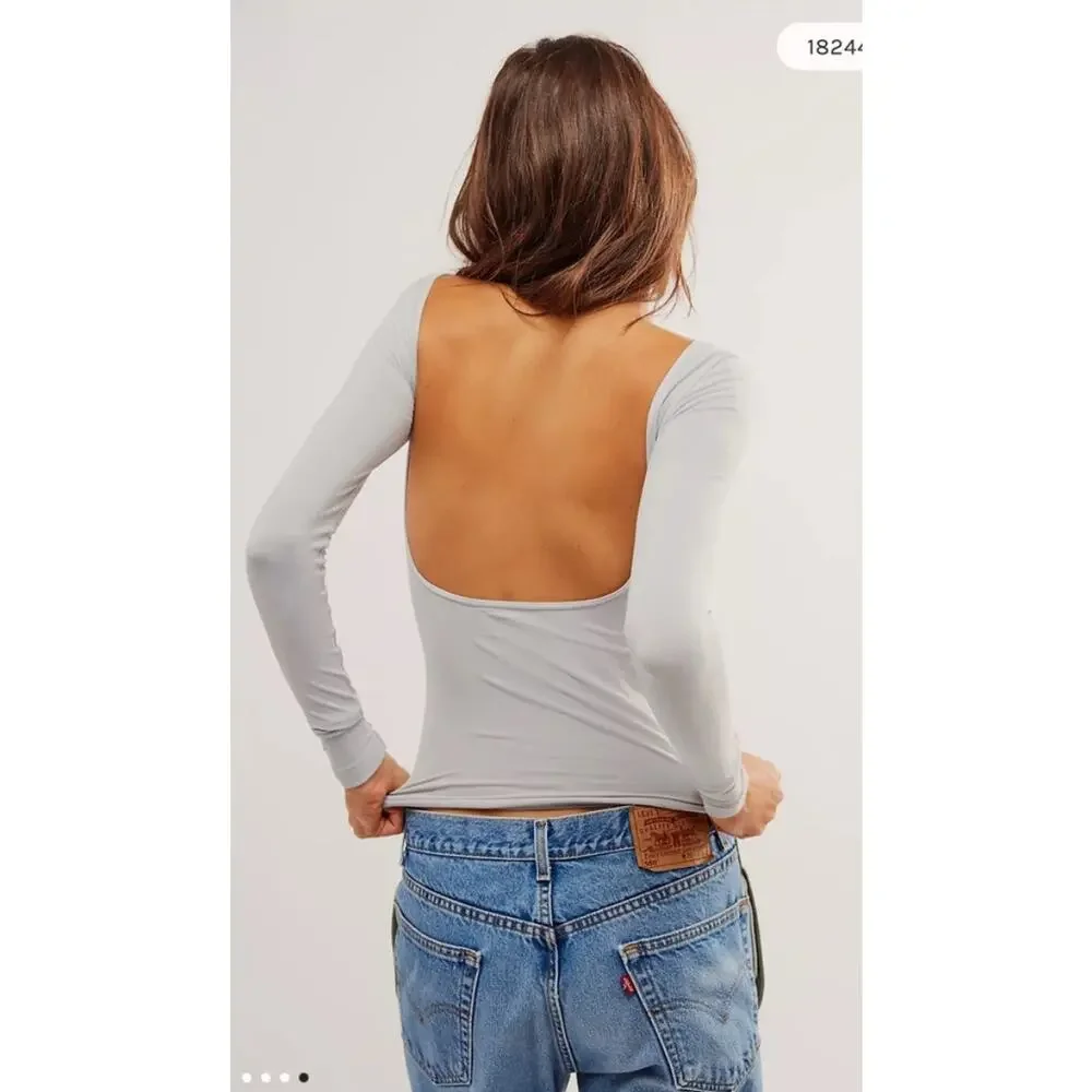 Free People Intimately Slim Fit Low-Back Seamless Long Sleeve Top Light Blue M/L